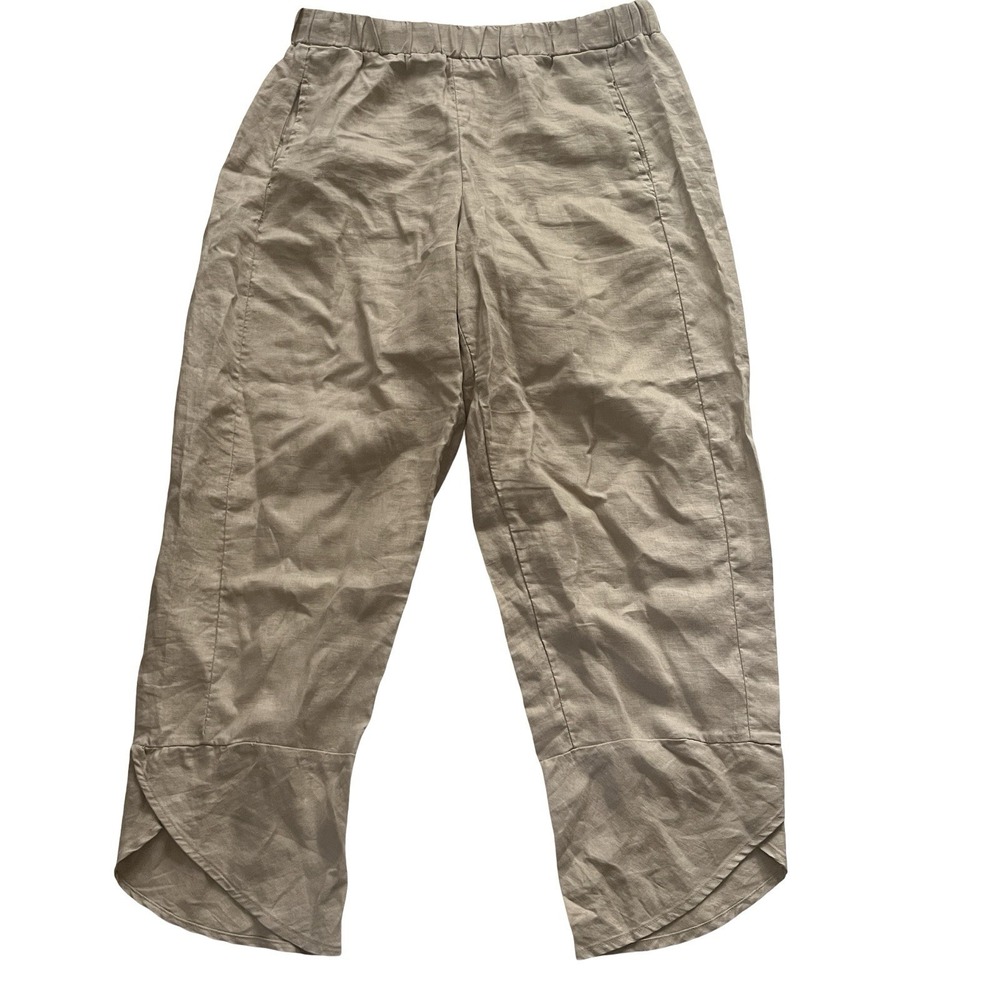 Andrea Jovine Women's Size M 100% Linen Pants Beige Tan Crop‎ Elastic Tulip Leg